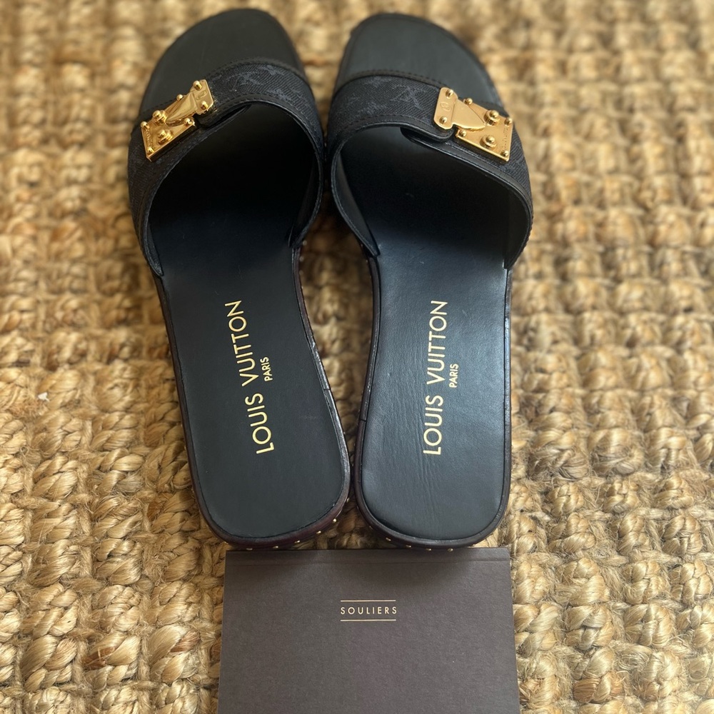 Louis Vuitton Blue Slides with Gold Buckle